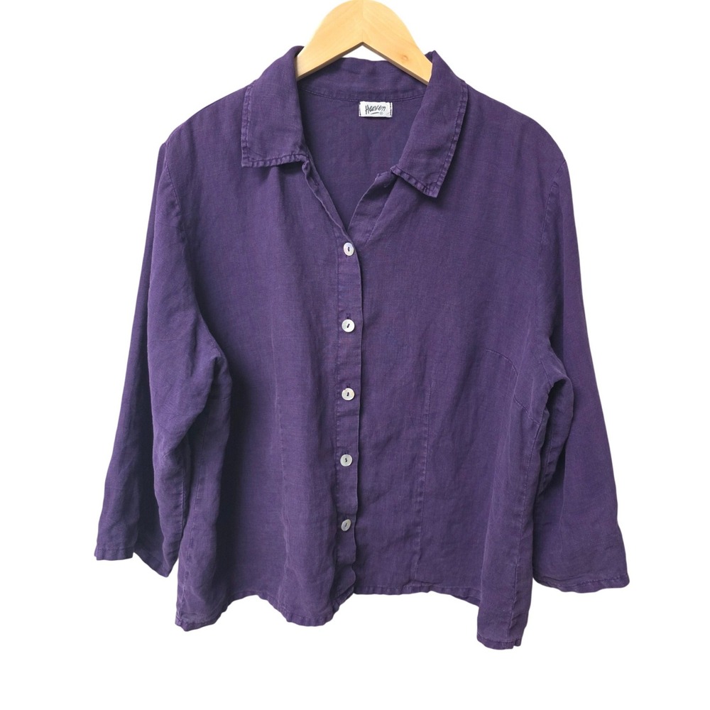 Heaven 100% Linen Button Up Shirt Women L Purple Lagenlook Coastal Grandmother L